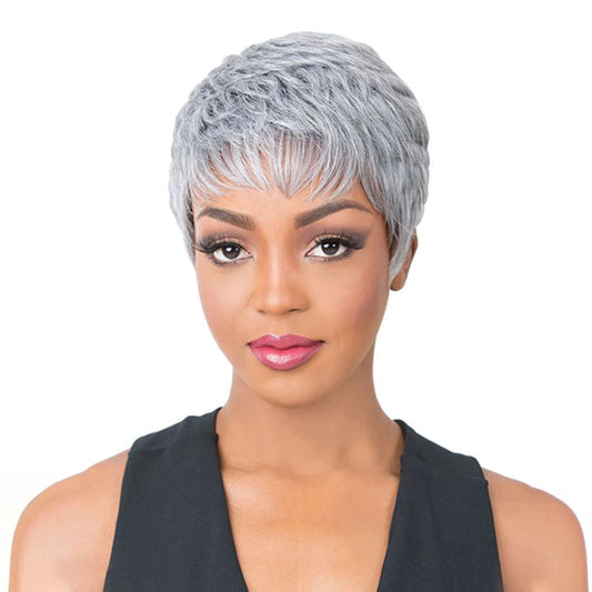 Grey & Natural Black Pixie Cut Wig with Bangs | Remy Human Hair Full Machine Made Luxegan