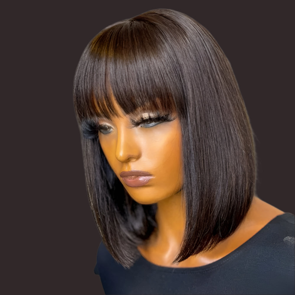 Peruvian Straight Bob Wig with Bangs | Full Machine Made Human Hair Wig | Natural Color