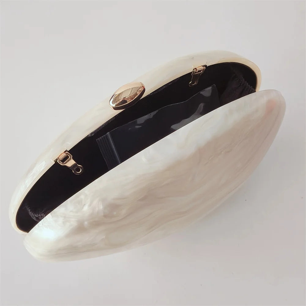 Oval Marble Beige Shell Acrylic Luxury Elegant Lady Evening Bag | Cute Handbag & Wedding Girl Female Mini Purse Luxegan