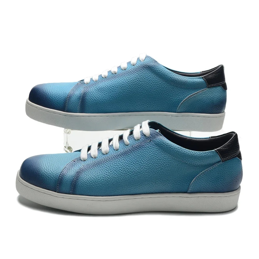 Luxury Designer Men's Genuine Leather Skateboard Shoes | Sky Blue Lace-Up Casual Sneakers (Breathable) Luxegan