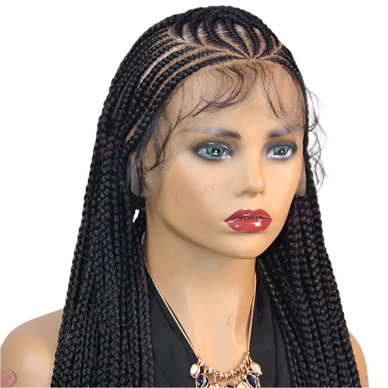 36" Cornrow & Knotless Box Braids Wig | Full Lace | Light Brown Lace | Synthetic Hair