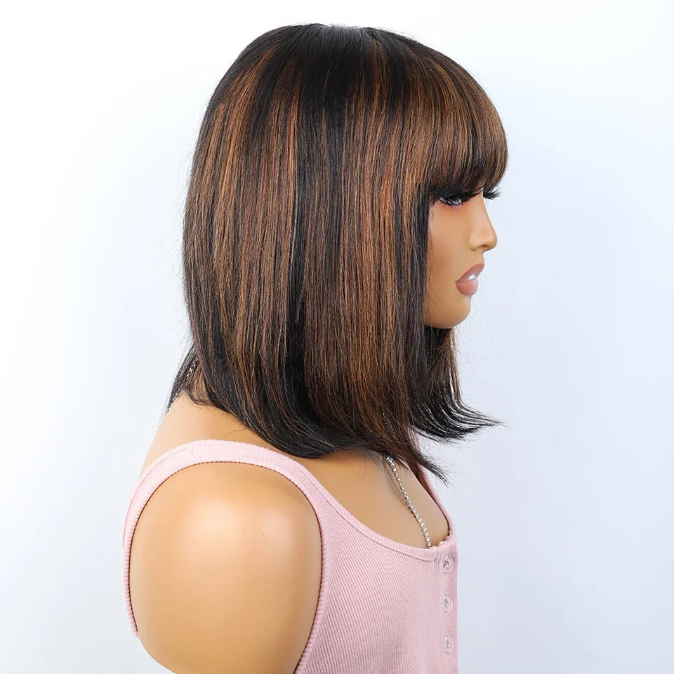 #27 Brown Straight Bob Wig with Bangs | Human Hair Lace Top & Realistic Scalp Luxegan