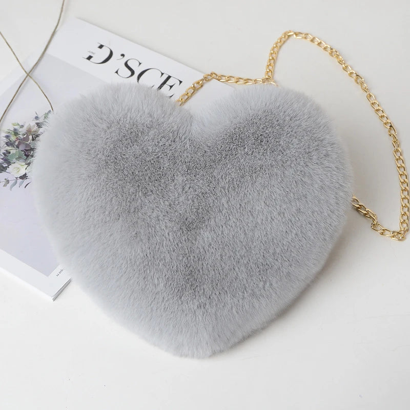 Corduroy Floral Casual Tote | Soft Cute Heart-Shaped Faux Fur Chain Shoulder Bag Luxegan