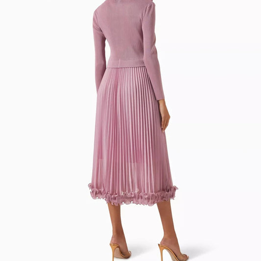 Ruched Sash Draped A-Line Prom Dress | V-Neck Full Sleeve Tea-Length Evening Gown Luxegan