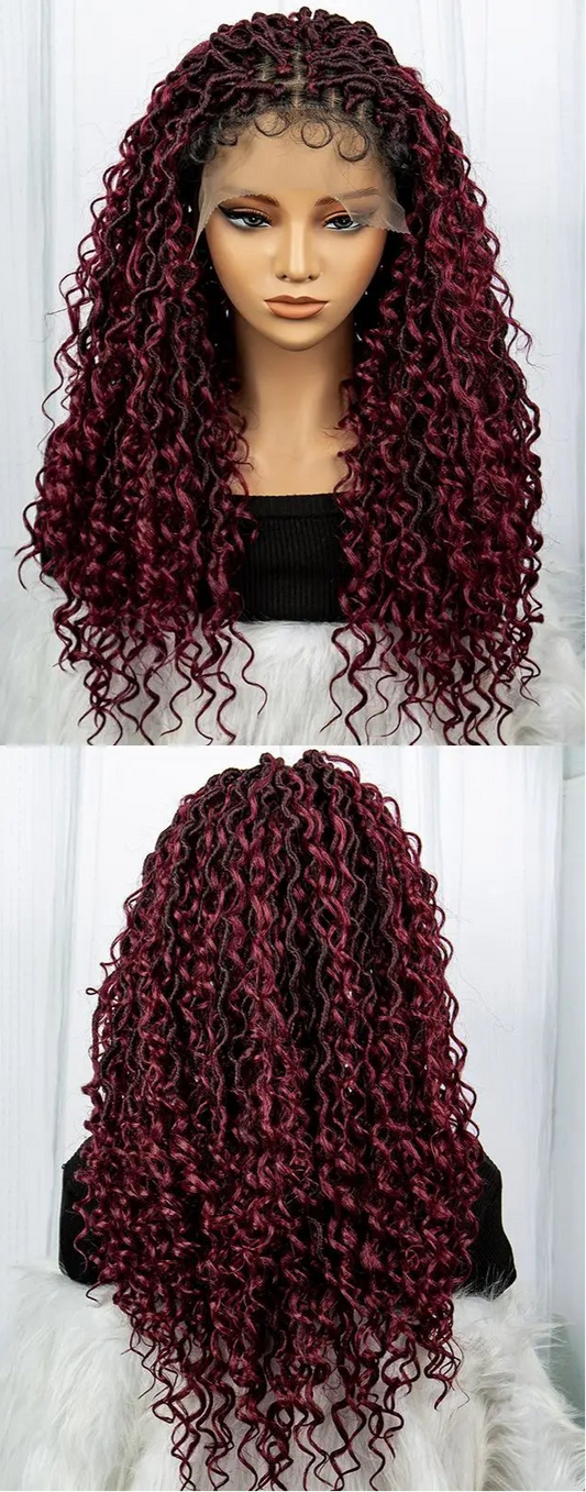 Burgundy Goddess Faux Locs Wig with Curly Ends | Crochet Twist Braids | Baby Hair Luxegan