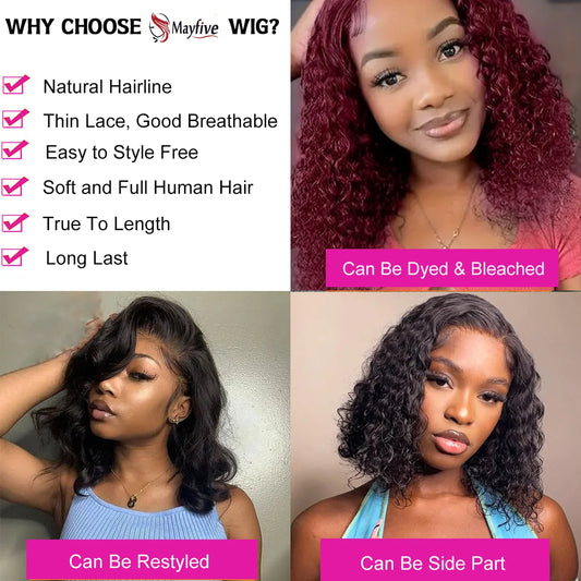 Deep Curly Short Bob Human Hair Wig - 13x4 Transparent Lace Frontal & Deep Wave Part Wig - 100% Brazilian Remy Human Hair Glueless Natural Black Curly Bob Wig for Women Luxegan