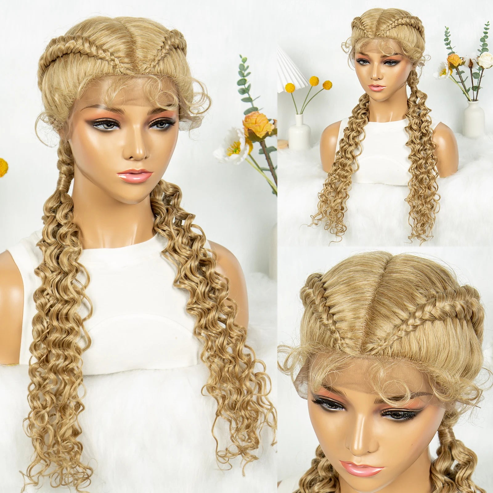 KIMA Blonde Dutch Twins Braids Wig | Full Lace Cornrows & Curly Ends Luxegan