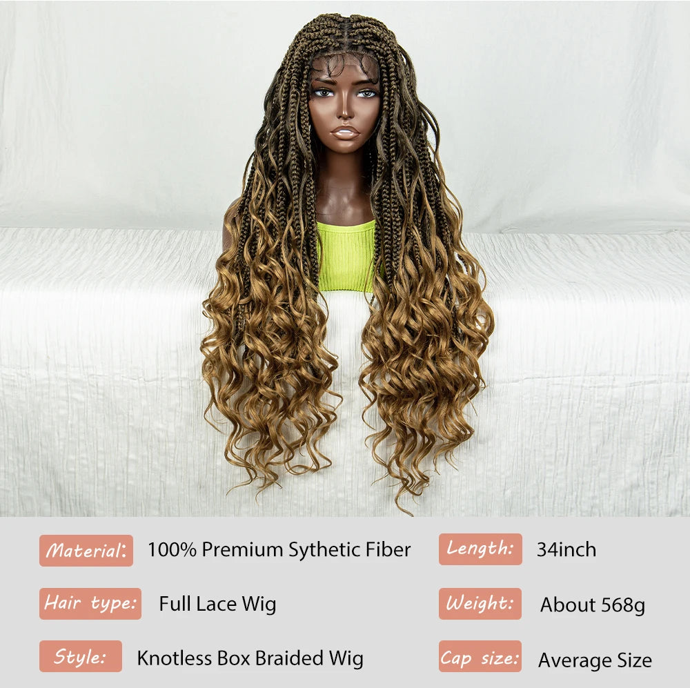 34" Natural Curly Knotless Box Braids Wig | Deep Wave Accents | Full Lace | Baby Hair Luxegan
