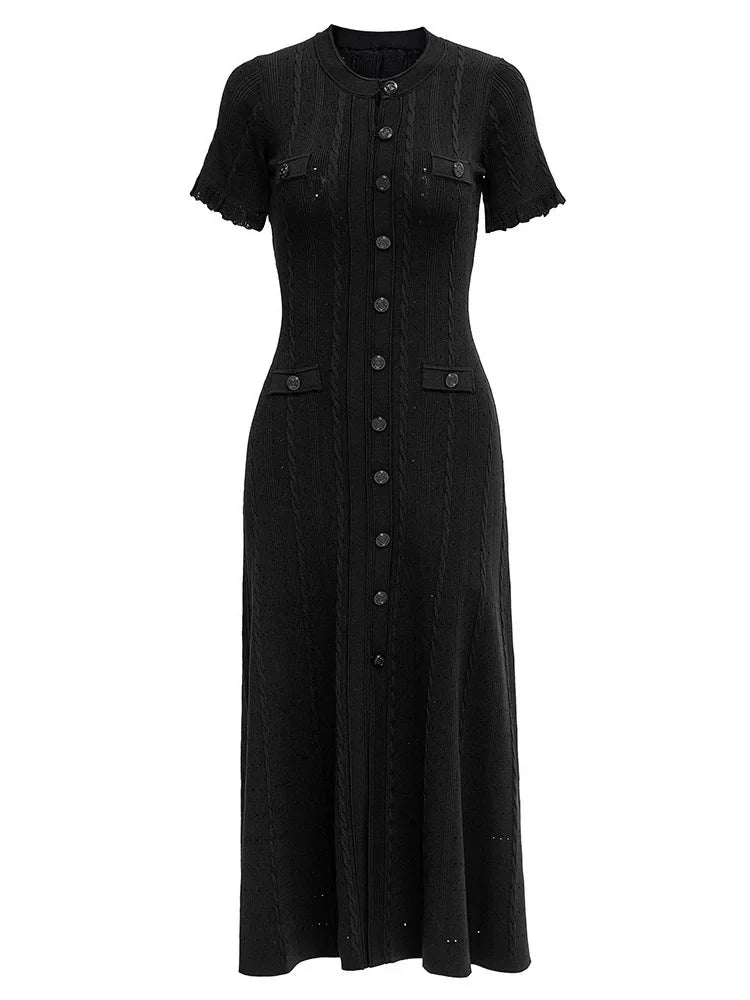 French Style Knitted Long Dress round Neck Hollow out Wooden Edge Skirt Elegant Autumn Luxury Women's Fashion One Piece Dress