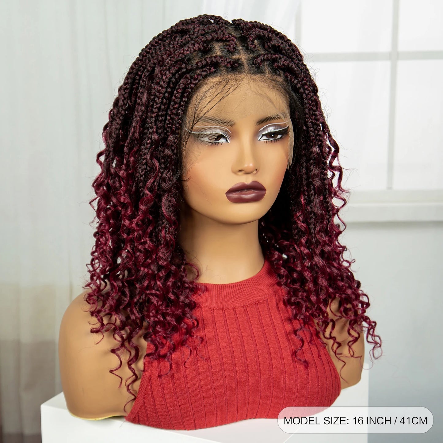 Burgundy Curly Ends Knotless Braids Bob Wig | 99J | Full Lace | Boho Style Luxegan
