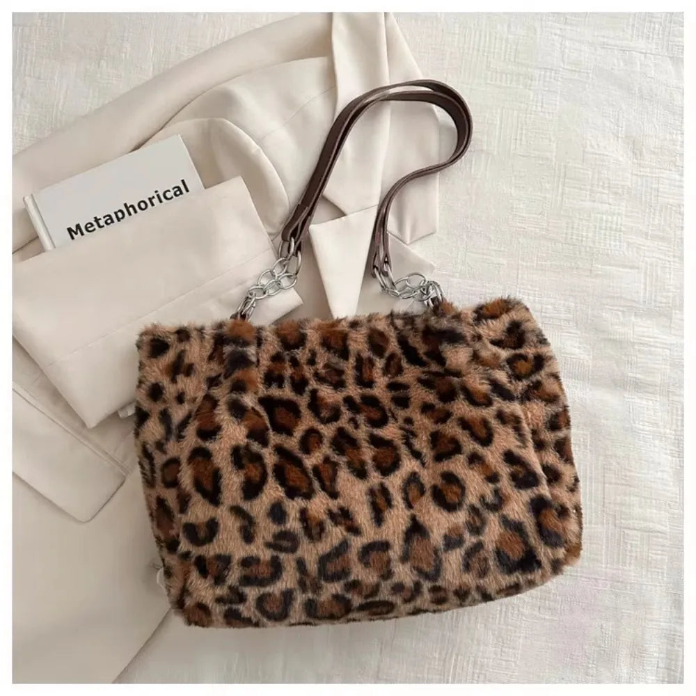 Winter Fashion Leopard Print Plush Women's Bags | Versatile Casual Trendy Premium Texture Large Capacity Shoulder Handbag Luxegan