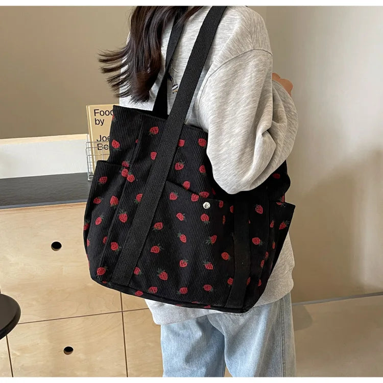 Corduroy Fruit Print Handbag | Sweet Girl Zippered Underarm Bag Luxegan