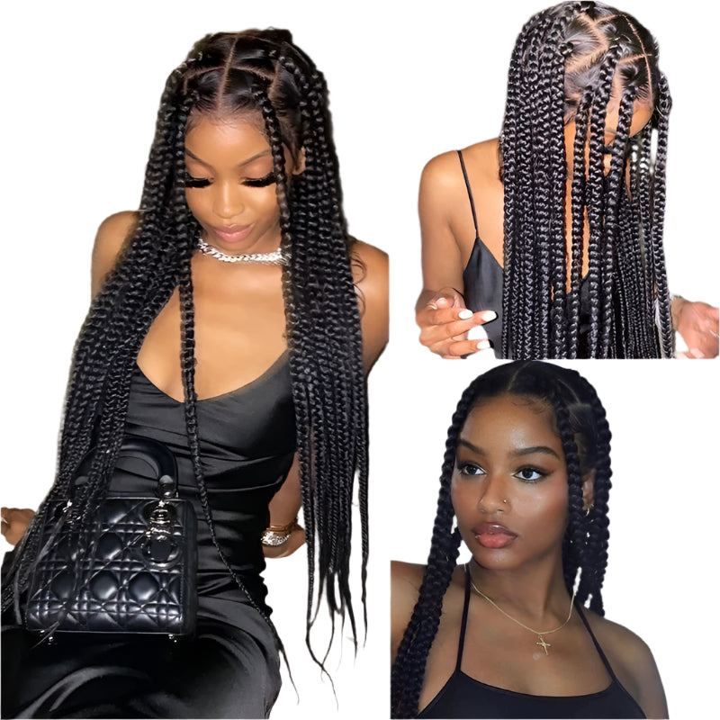 Jumbo Knotless Box Braids Wig | Full Lace Front Tribal Braids & Faux Locs | Transparent Lace | Black Women