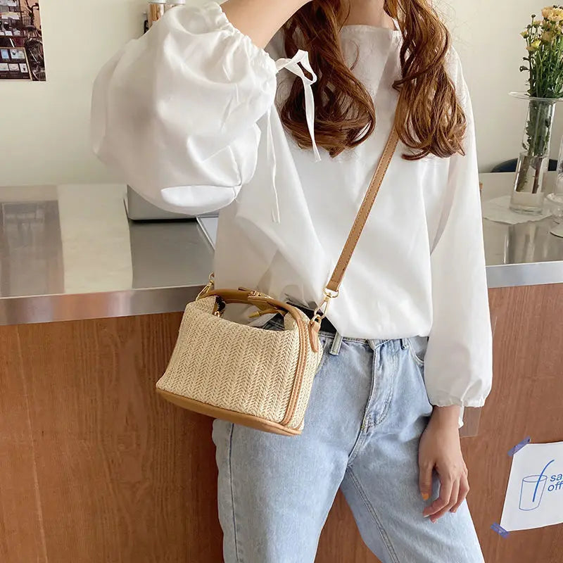 Bohemian Small Knitting Straw Bucket Bag | Casual Summer Crossbody Luxegan