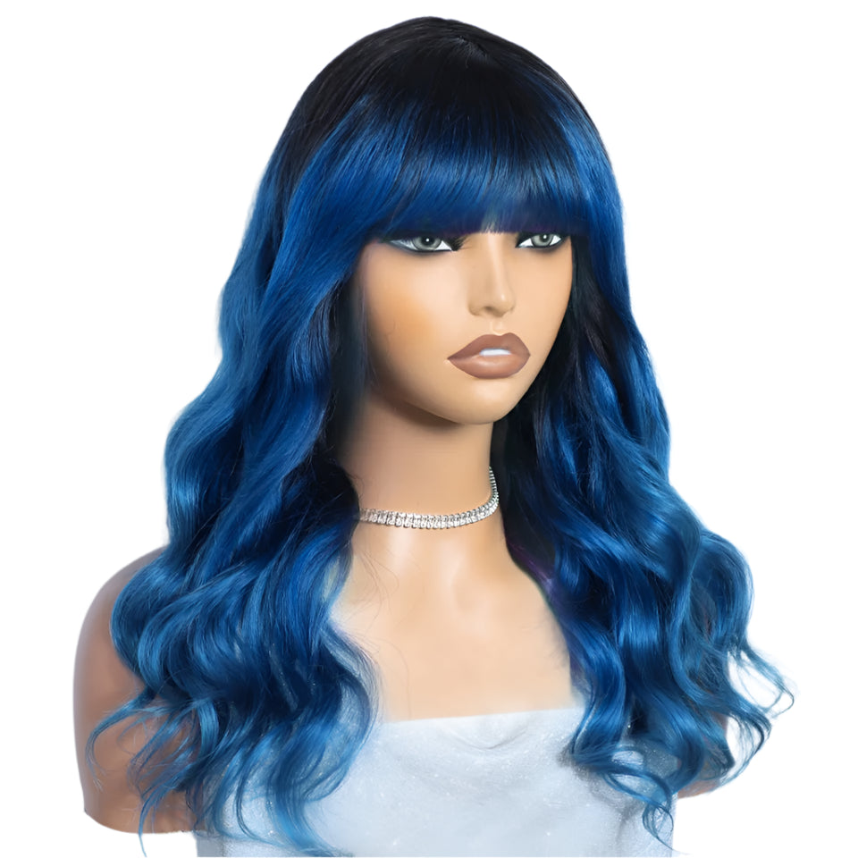22" T1B/Purple Body Wave Wig with Bangs | "Put On & Go" Full Machine Made Human Hair Luxegan