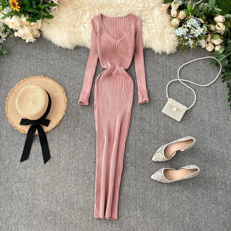 New Autumn V-Neck Knitted Dress | Sophisticated Slim Elastic Bodycon Sweater Gown | Elegant "Full Sleeve" Silhouette | "Dignified" High-Stretch Warm Long Dress for Radiant Versatile Autumn & Winter Styling Luxegan