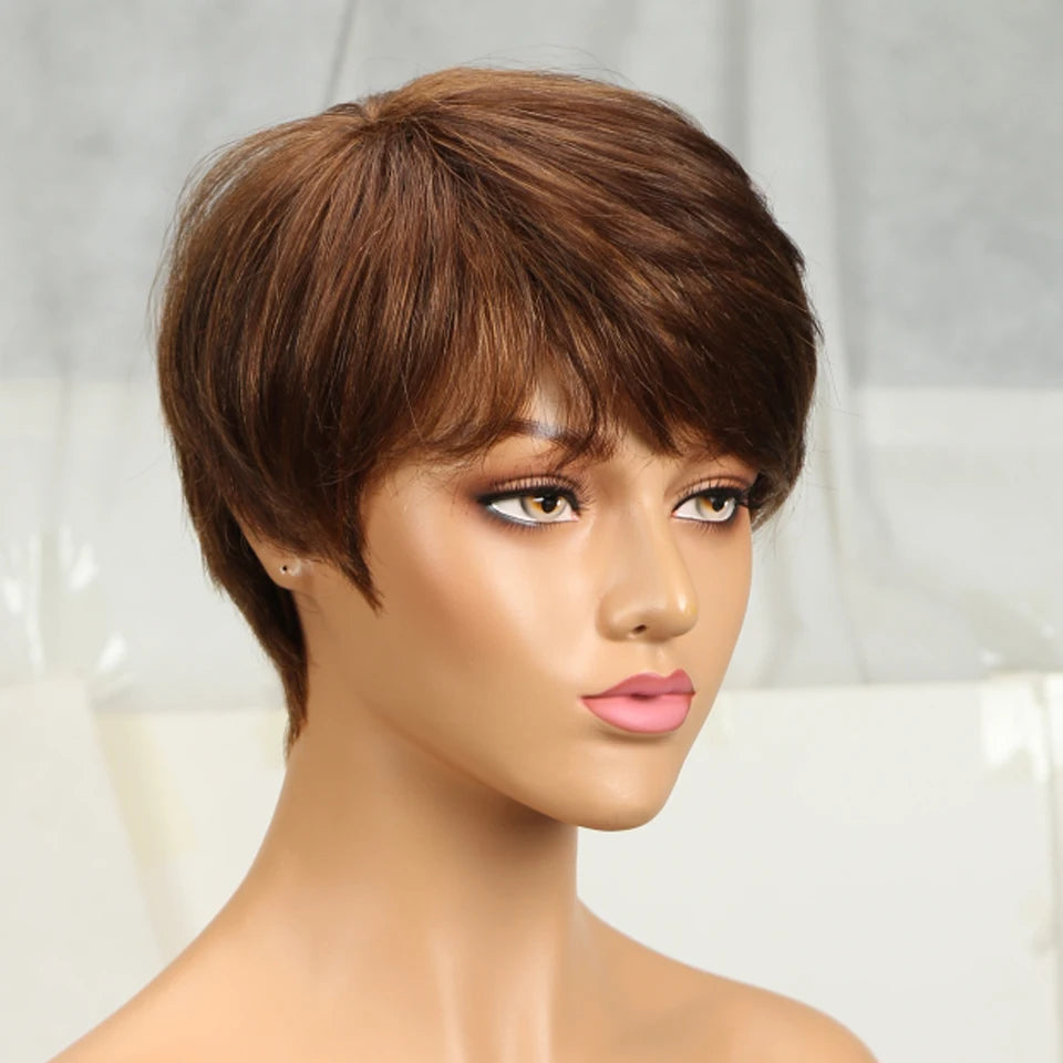 Rebecca Pixie Cut Wig | Brown Remy Human Hair with Bangs & Romace Curl Luxegan