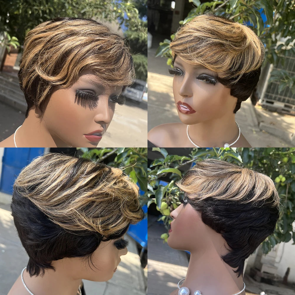 Short Pixie Cut Wig Human Hair | Machine Made Wig with Bangs | Brazilian Remy Hair | Pixie Wig for Black Women