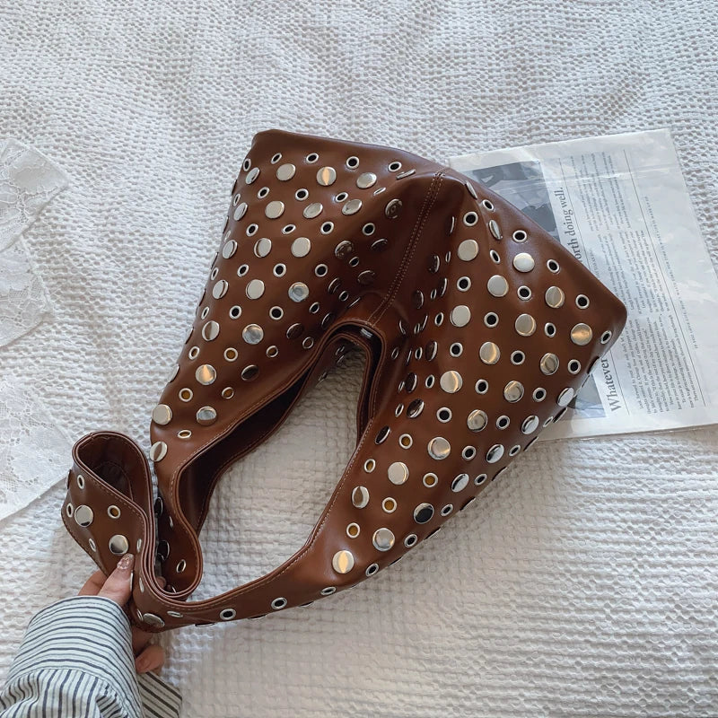 Women's New Punk Style Rivet Design Bucket Hobo Bag | Premium PU Leather Underarm Shoulder Bag | Large Capacity Casual Handbag & Purse Model A | Versatile Four-Seasons Soft Tote Luxegan