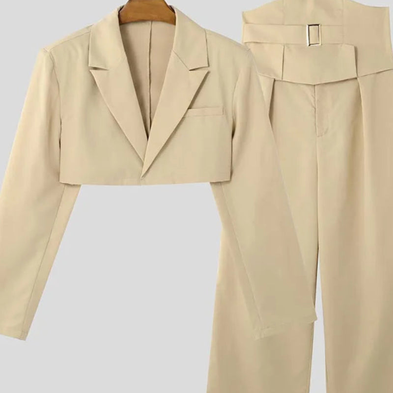 Cropped Waistband Design Suit Set | Sophisticated Wide-Leg Long Pant Silhouette | Elegant "Full Opening" 2-Piece Ensemble | "Dignified" Vintage Solid Suit for Radiant Versatile Styling Luxegan