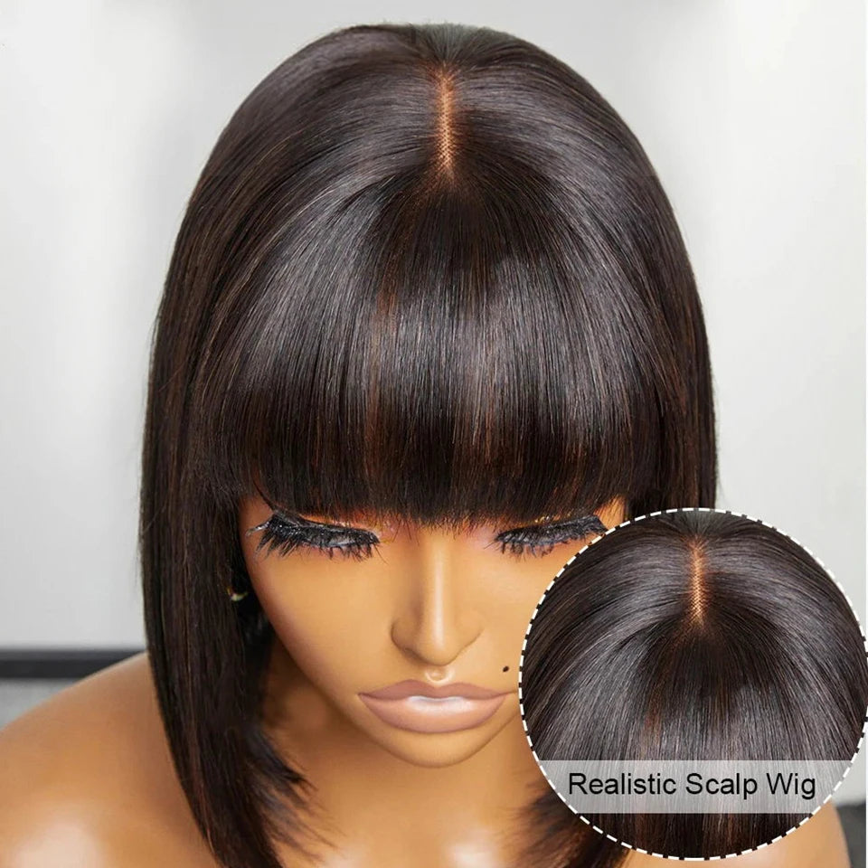 Mongolian Straight Bob Wig with Bangs | Glueless Middle Part Lace Human Hair (Realistic Scalp) Luxegan