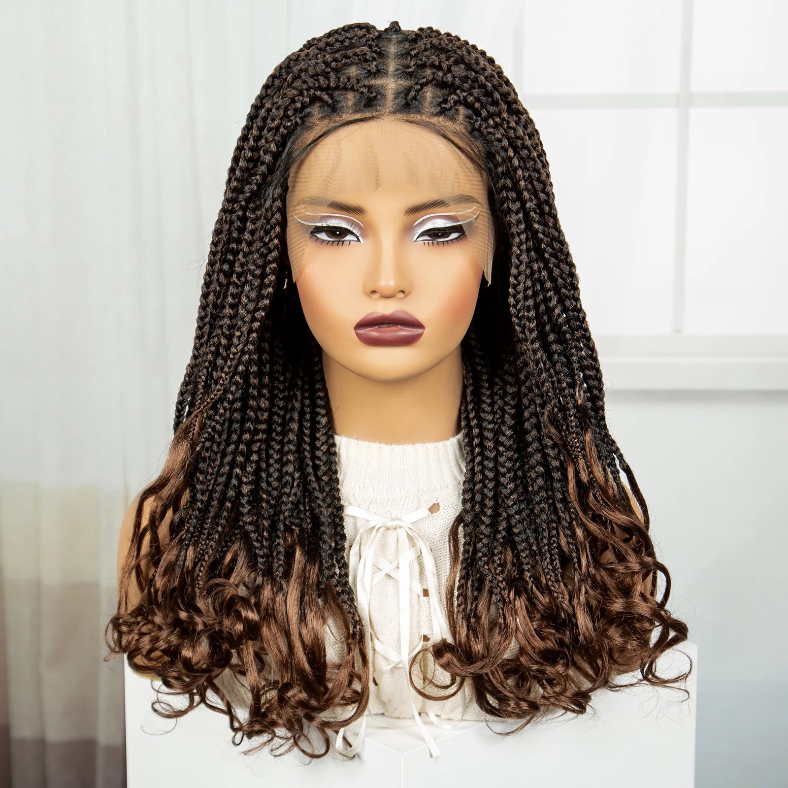 22" 1B/30 Ombre Knotless Braids Wig | Wavy Ends | Full Lace Boho Style Luxegan