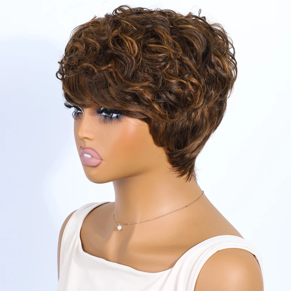 Rebecca Mixed Brown Pixie Cut Wig | Curly Side Part Brazilian Human Hair Luxegan