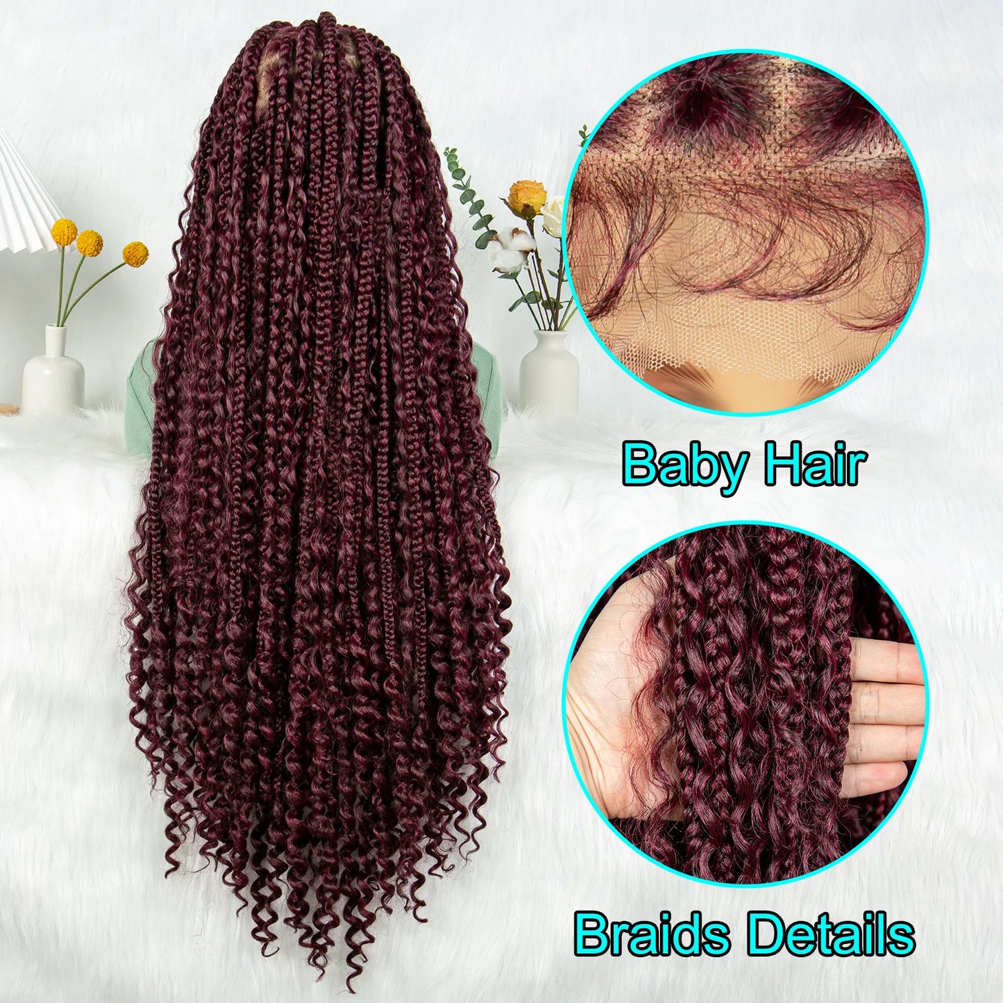 Burgundy Bohemian Box Braids Wig | HD Lace Front | Knotless Goddess Braids | Synthetic Hair