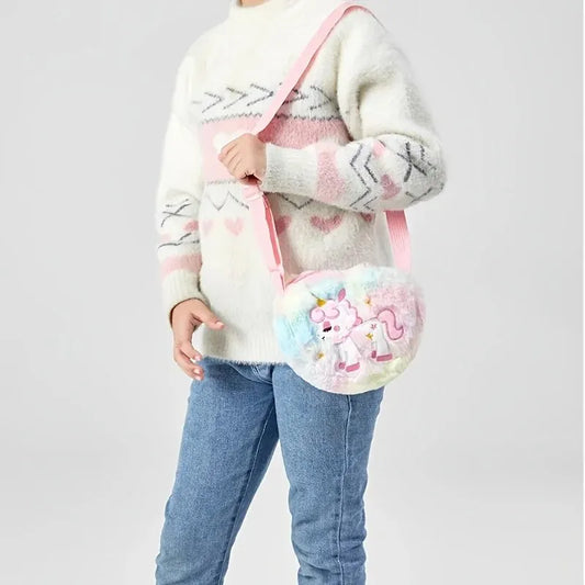 Cute Unicorn Plush Heart Messenger Bag | Girls' Faux Fur Half-Moon Crossbody | Soft Animal Print Coin Purse & Wallet | Magical Kids' Gift Small Shoulder Backpack Luxegan