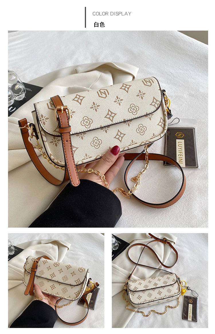 Fashionable Retro Printed Small Square Bag | Versatile Floral Baguette Underarm Bag | Soft PU Leather Crossbody & Shoulder Purse for Parties Luxegan