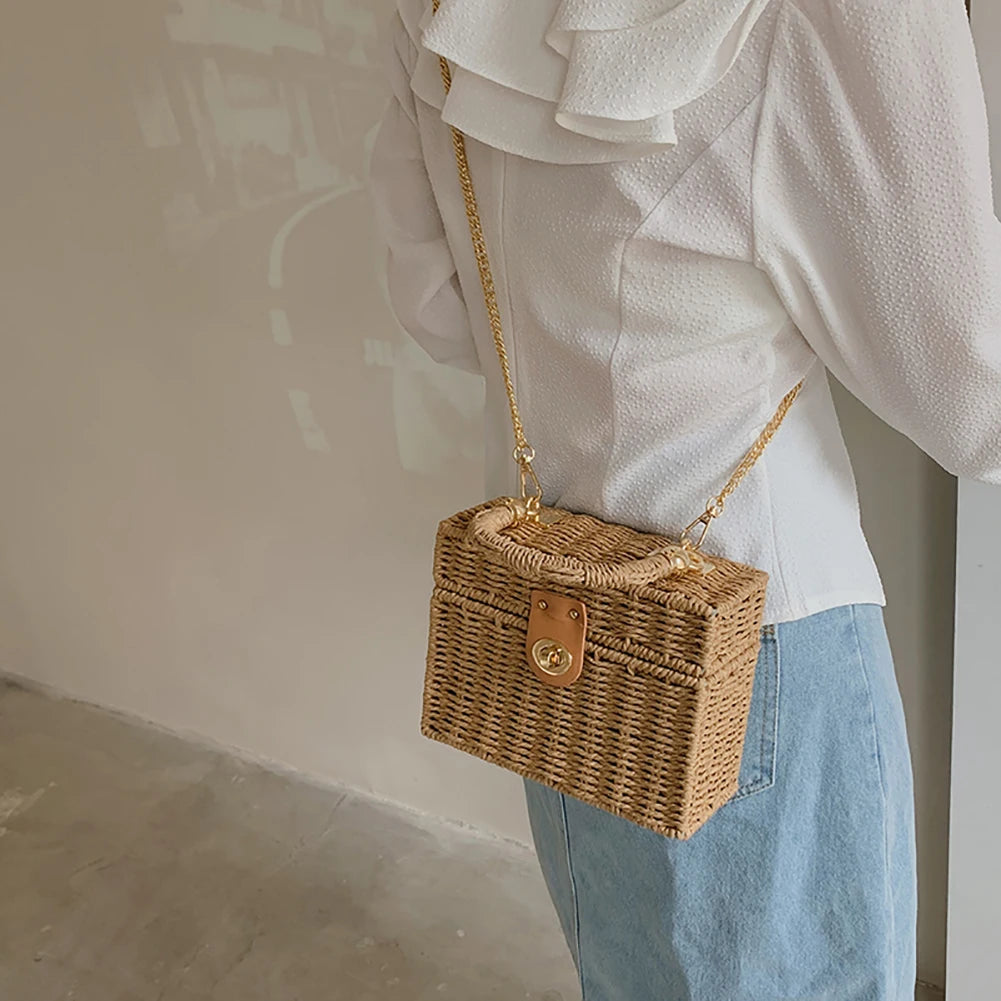 Rattan Straw Shoulder Bag | Women's Boho Hand-Woven Basket Messenger Pouch & Summer Beach Top-Handle Handbag Luxegan
