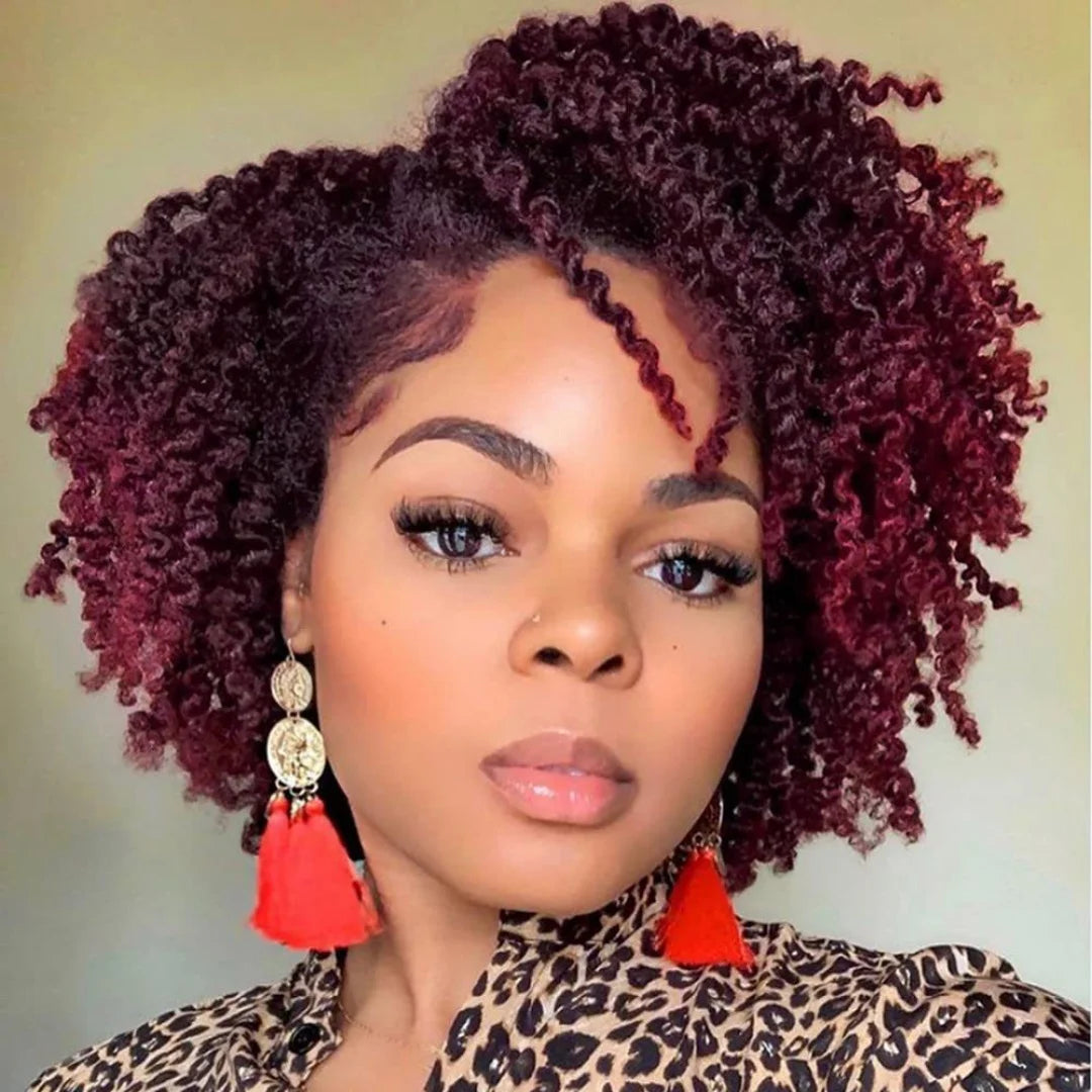 Short Curly Burgundy & Black Wig | Side Part Synthetic Cosplay Wig | 150% Density Luxegan