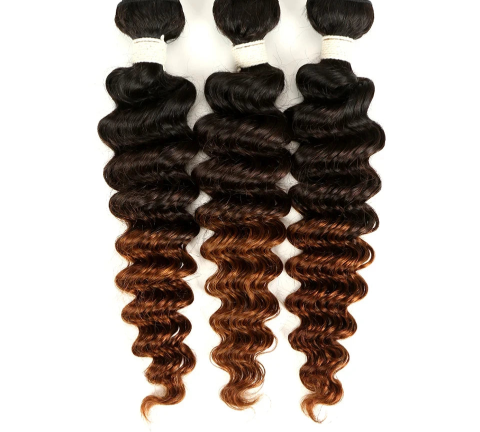 Ombre Brazilian Deep Wave Human Hair Bundles | Remy 2 Tone Color T1B/27#, T1B/30#, T1B/99J# (1, 3, or 4 Pcs) Luxegan