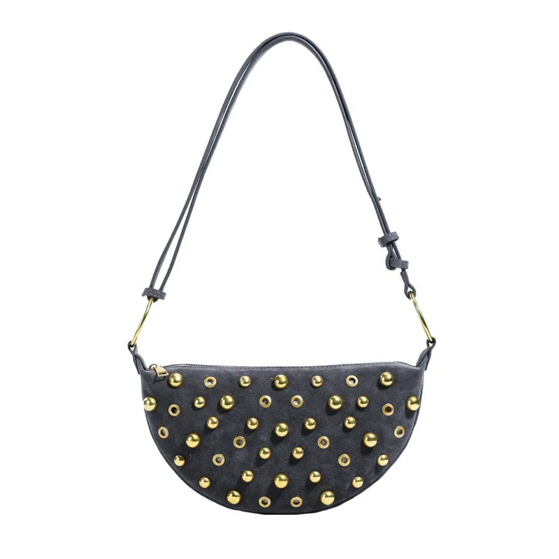 Women's Fashionable Faux Suede Armpit Bag | Versatile Stylish Design Crossbody Purse | High-Quality Solid Color Casual Tote | Retro Rivet Shoulder Bag with Zipper Closure Luxegan