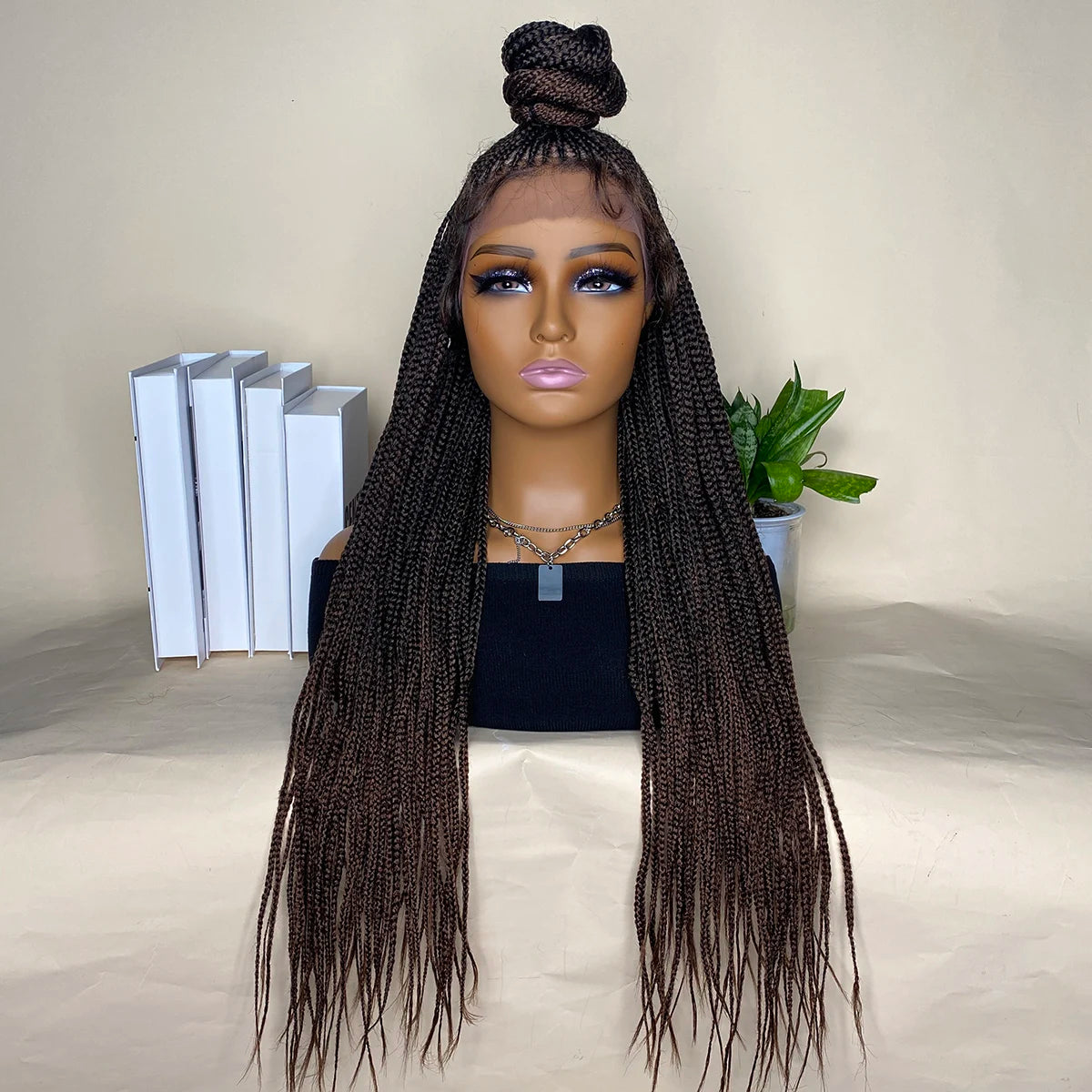 30" Bun Box Braid Lace Front Wig | 13x7" Cornrow Braids | Brown Synthetic Wig | Black Women Luxegan