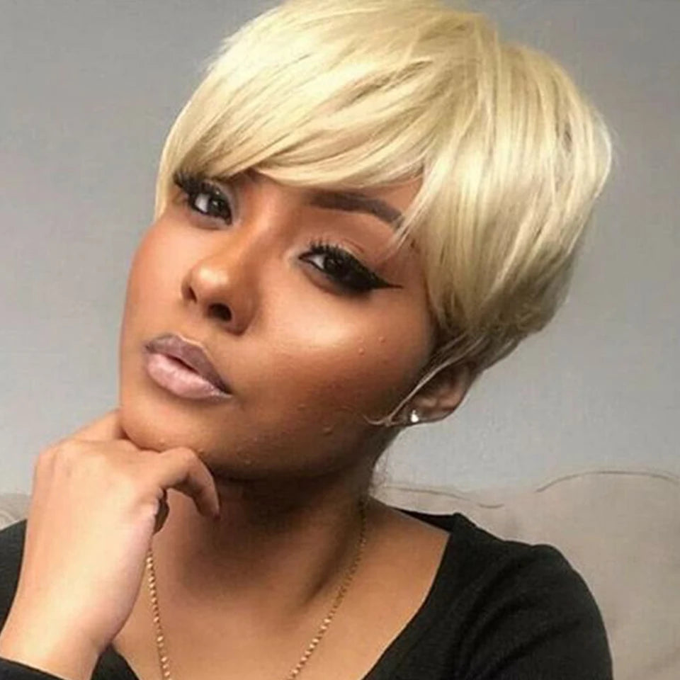 613 Honey Blonde Pixie Cut Straight Wig with Bangs | Glueless Peruvian Remy Human Hair Luxegan