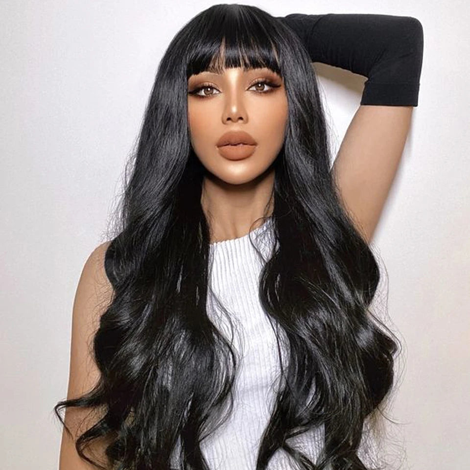 Natural Color 22" Body Wave Wig with Bangs | 180% Density Remy Human Hair Middle Part Lace