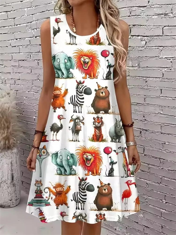 Animal Print Sleeveless Knit Mini Dress – Loose A-Line, Crew Neck, Tank Style Luxegan