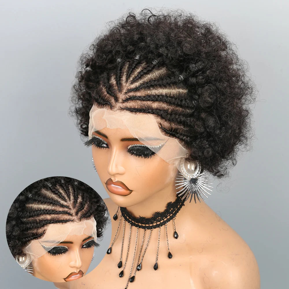 Short Afro Puff Braided Wig | 13x4 Lace Front Human Hair | Pre-Braided Cornrow Wig Luxegan