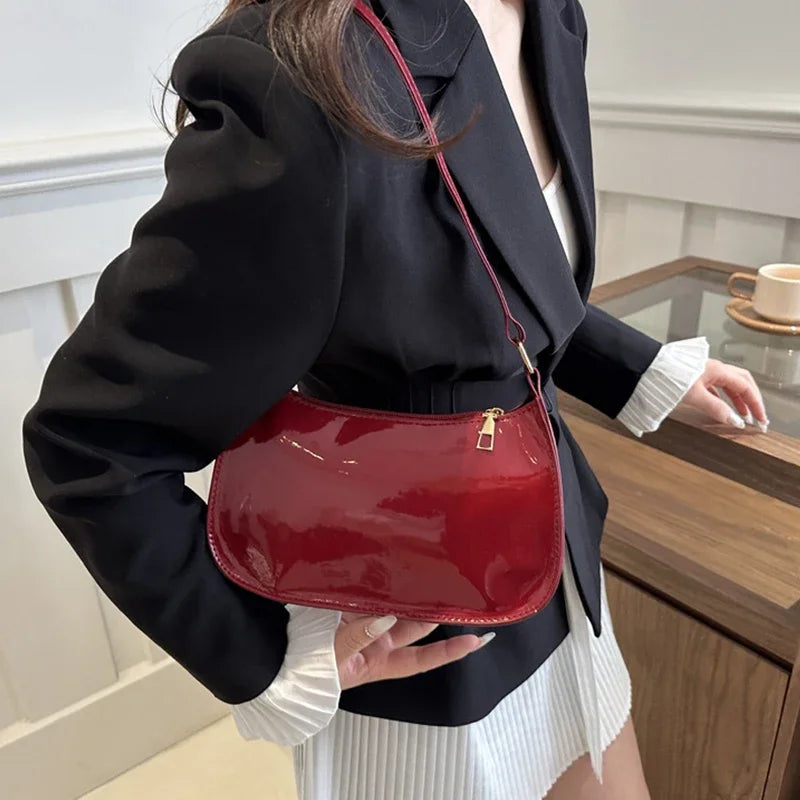 Hard Patent PU Leather Baguette Bag | Vintage Designer Hobos Underarm Bag Luxegan