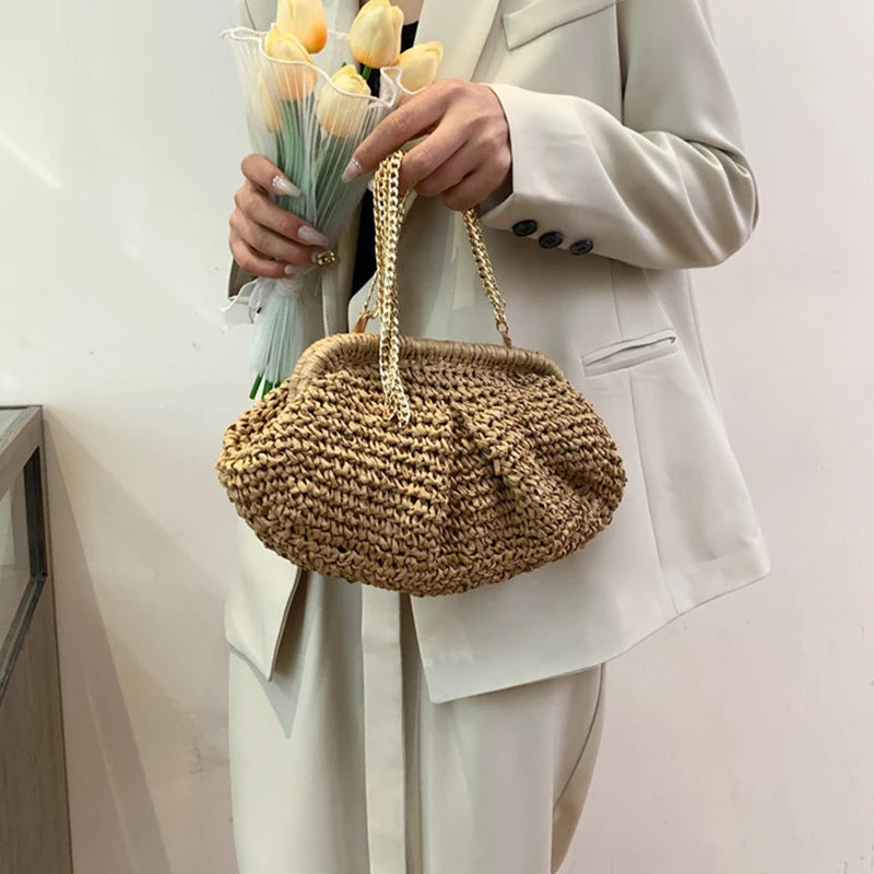 Bohemian Straw Dumpling Clutch Bag | Woven Straw Tote Purse for Women (Summer Beach Bag, Wicker Clutch) Luxegan