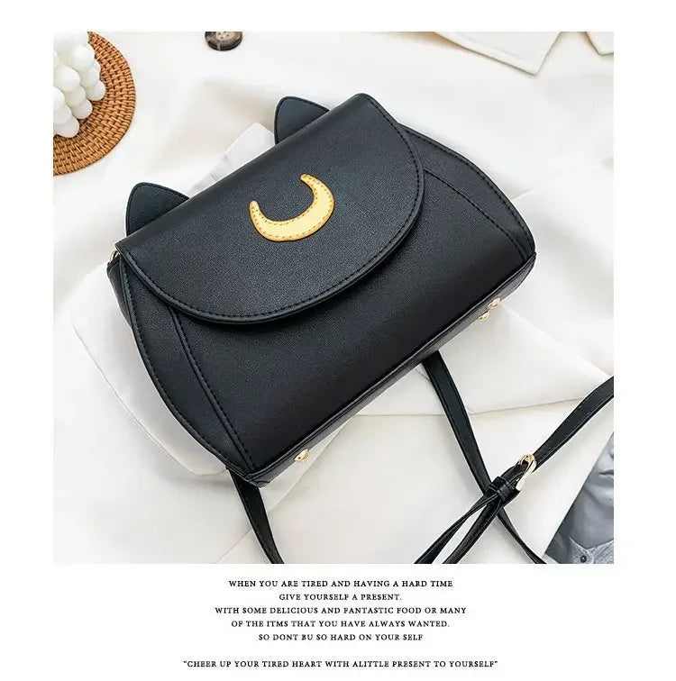 Sailor Moon Inspired Luna Cat Bag | Sophisticated PU Leather Square Shoulder Purse | Elegant Black Chain-Strap Messenger | "Dignified" Soft Crossbody for Versatile Fashion Styling Luxegan