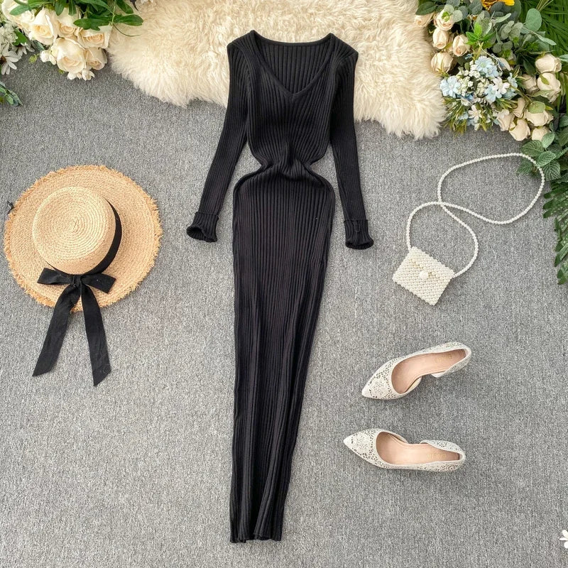 New Autumn V-Neck Knitted Dress | Sophisticated Slim Elastic Bodycon Sweater Gown | Elegant "Full Sleeve" Silhouette | "Dignified" High-Stretch Warm Long Dress for Radiant Versatile Autumn & Winter Styling Luxegan
