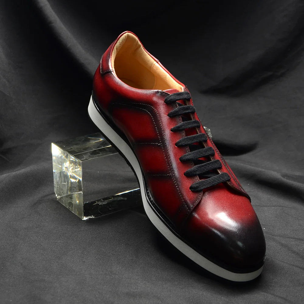 Men's Casual Dress Sneakers | Genuine Leather Hand-Painted Derby Skateboard Shoes (Black, Red) Luxegan
