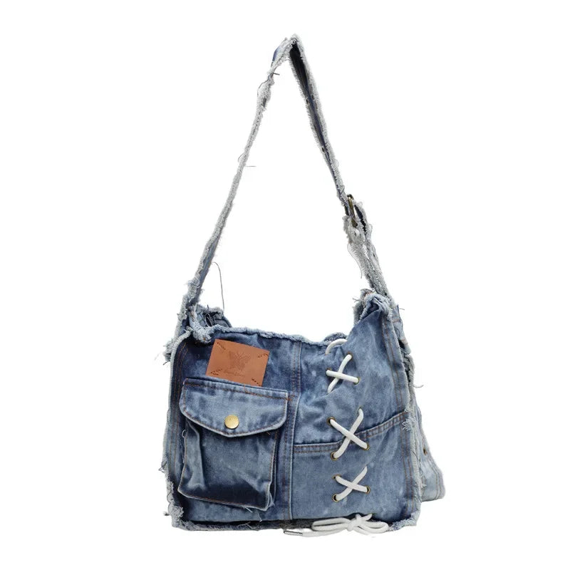 Washed Denim Shoulder Bag for Women Handbags | Large Capacity Female Messenger Bags | Soft Jeans Casual Big Totes Shopping Bag Luxegan