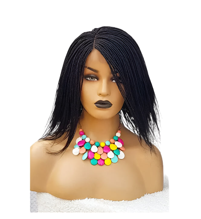Short Black Micro Twist Braided Wig | Heat Safe Synthetic Hair | Party Wig