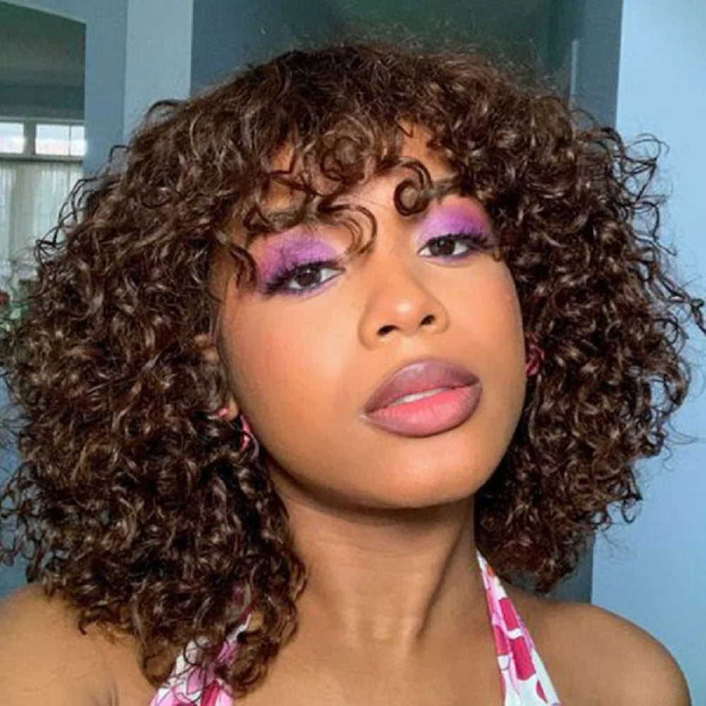 Ombre Short Bob Jerry Curly Human Hair Wig with Bangs - 180% Density Full Machine-Made Glueless Wig - 100% Brazilian Remy Human Hair Gradient Curly Fringe Wig for Black Women Luxegan