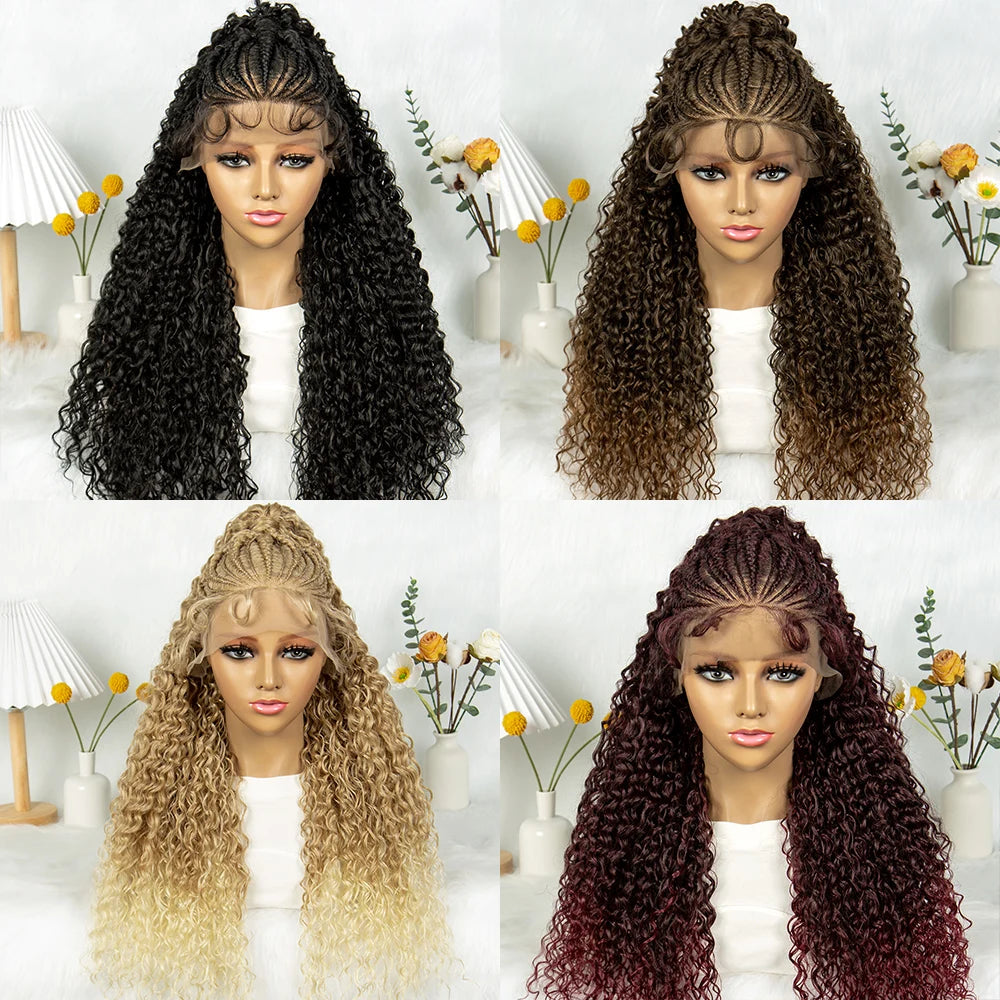 Kima Ombre Cornrow & Curly Ponytail Wig | 13x4 Lace Front | Half Updo | Synthetic Hair | Black Women Luxegan