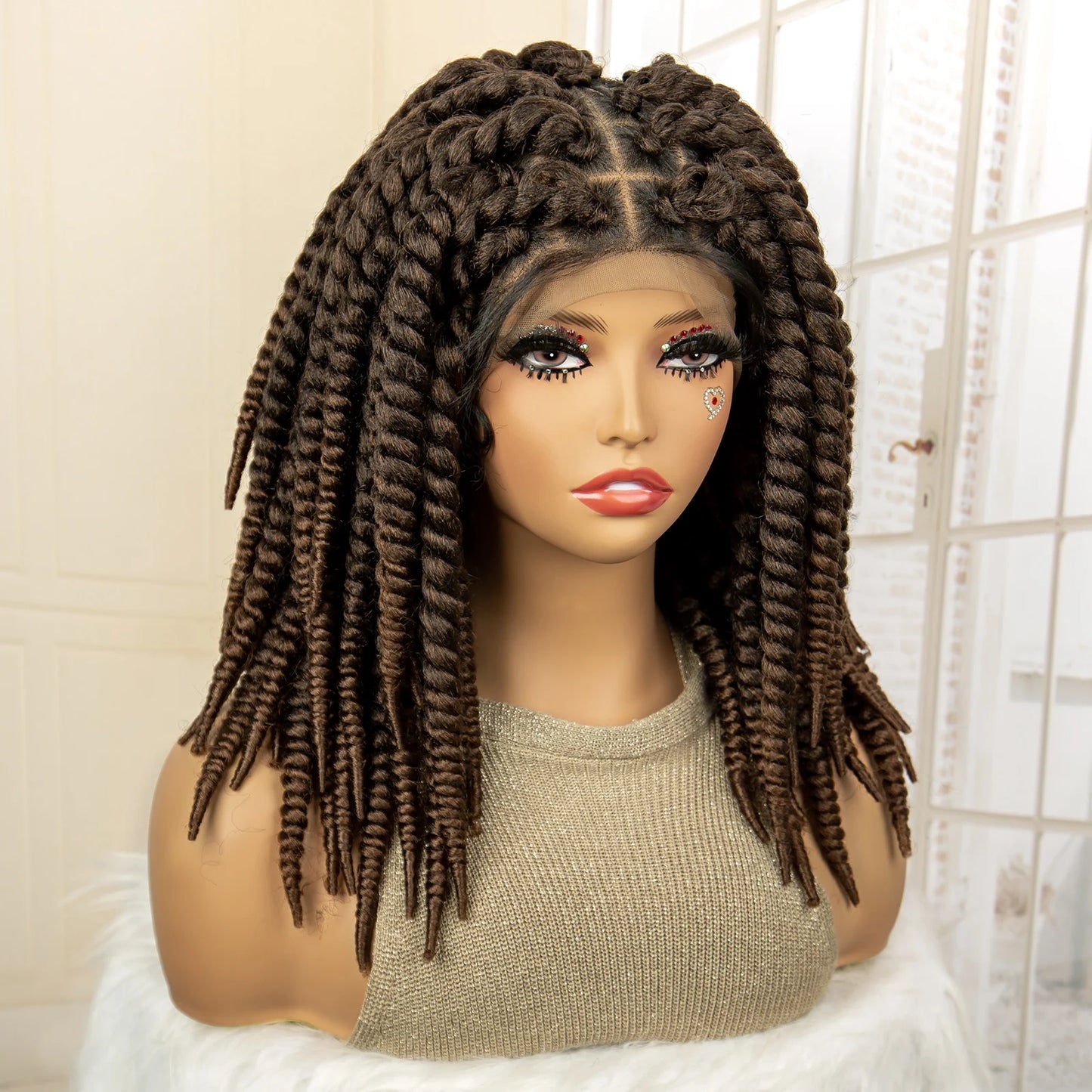 16 Inch Brown Twisted Braided Bob Wig | Full Lace | Kanekalon Fiber | For Black Women - Luxegan