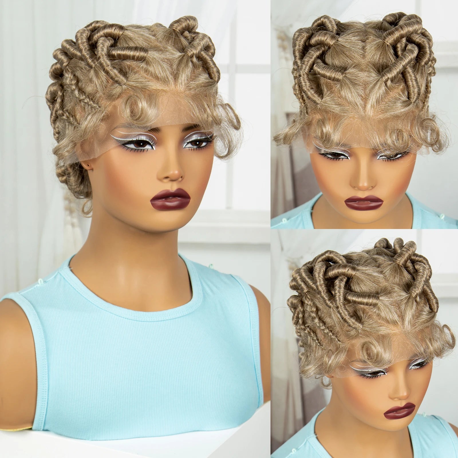 613 Blonde Short Handmade Bantu Knotless Braids Wig | Full Lace Luxegan